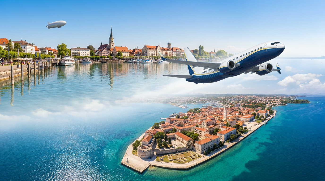 Bildmontage: Oben eine Hafenstadt mit Kirchturm, Ausflugsschiffen und Zeppelin an einem ruhigen See, unten eine Altstadt mit roten Dächern auf einer Landzunge im türkisblauen Meer, dazwischen ein weiß-blaues Passagierflugzeug im Steigflug