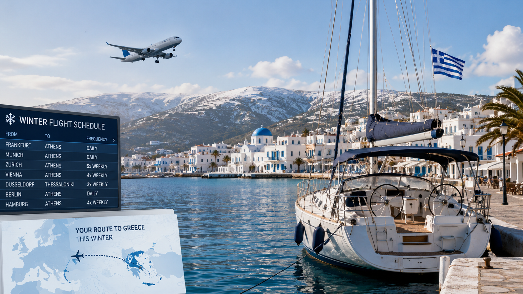 Griechenland-Anreise zum Yachtcharter mit Winterflugplan und Segelyacht