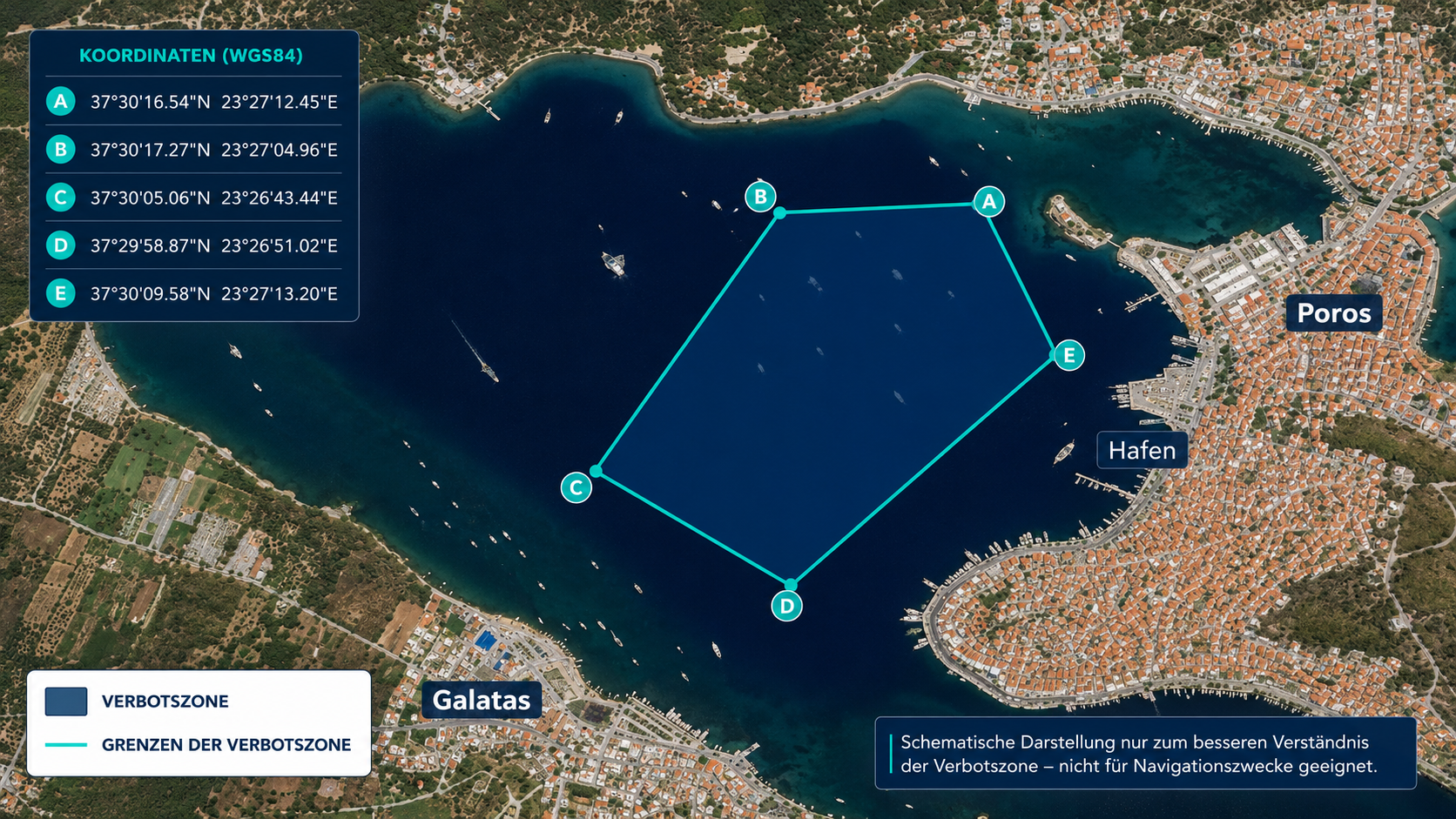 Schematische Karte des eingeschränkten Hafenbereichs von Poros mit Polygon der Liege- und Ankerbeschränkung 2026