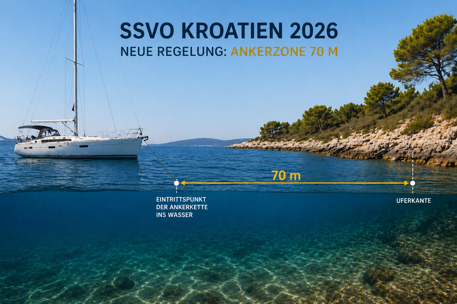 Segelboot ankert in einer kroatischen Bucht – 70-Meter-Abstandsregel zur Küste