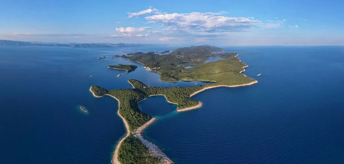 Luftaufnahme einer grünen kroatischen Insel umgeben von tiefblauem Wasser